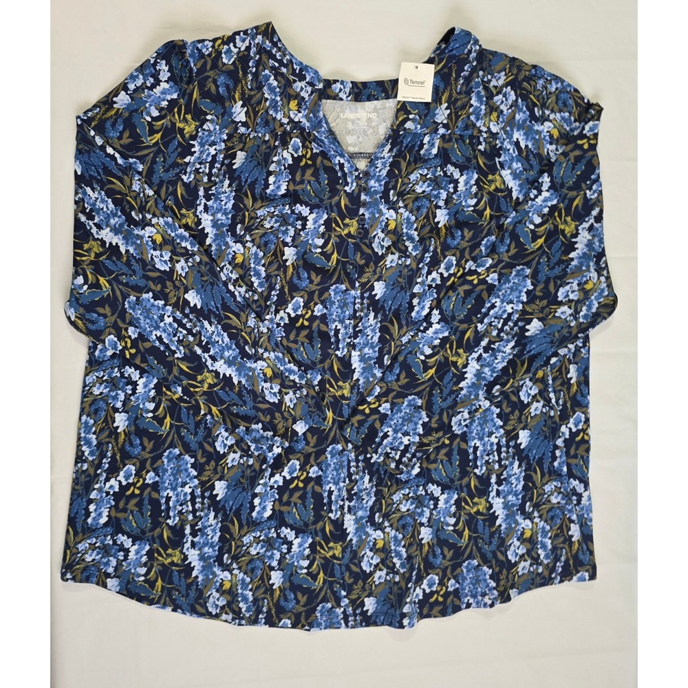 Lands End Womens 2X Blue Floral Tencel Modal Henley Long Sleeve Blouse Top NWT - Picture 2 of 16